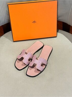 Hermes Pink Crystal Oran Sandals